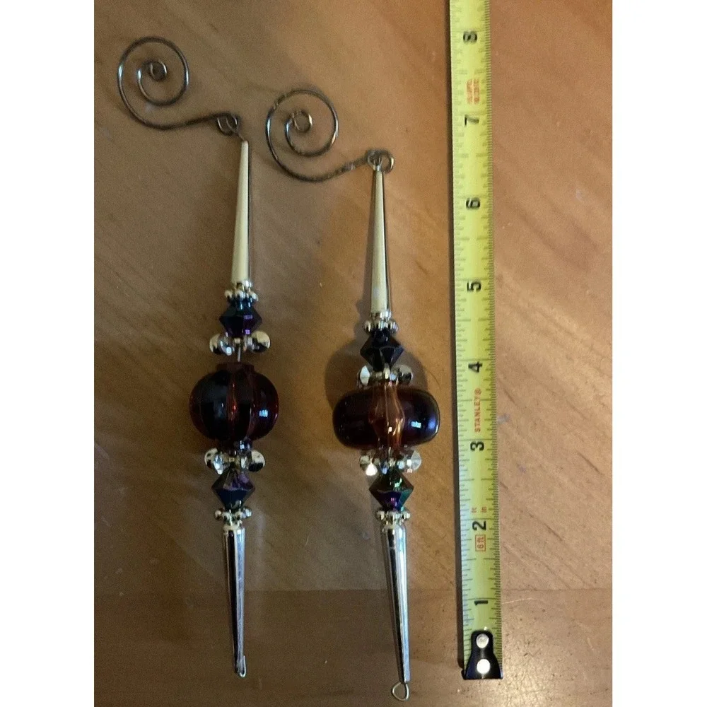 VTG Beaded Icicle‎ Christmas Tree Ornament Tiered Gold & Amber, Set Of 2